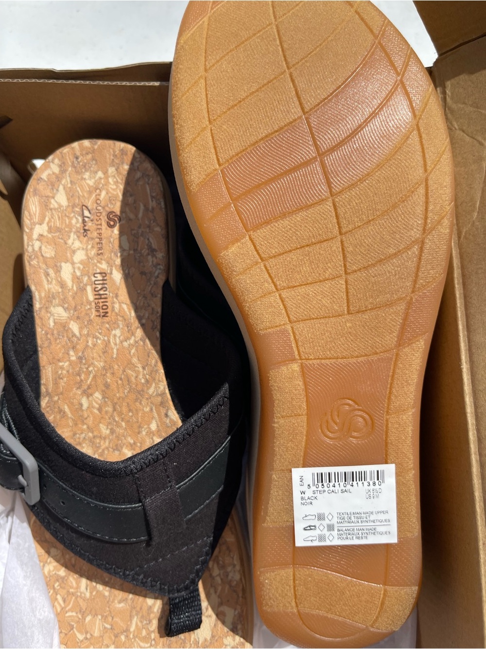 Clark’s Black Cork-Effect Slip-On Sandal with Buckle size 9m
